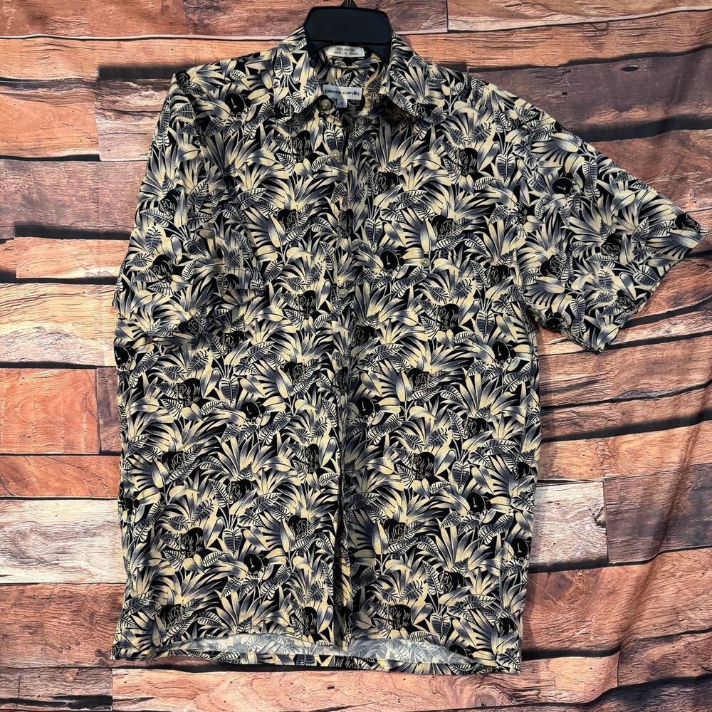pierre cardin Men’s Casual Button-Down Shirt Black Beige M Cotton Tropical